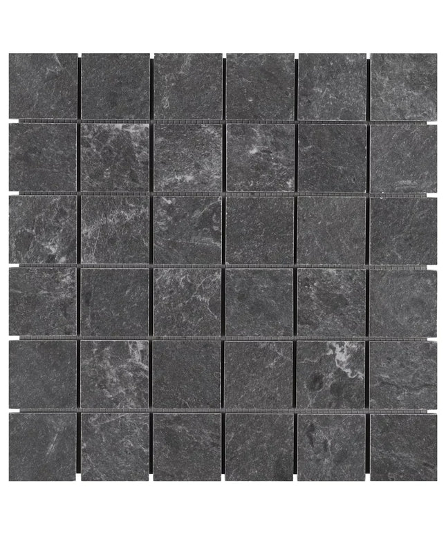 Dark gray stone mosaic tile sheet with square tiles, ideal for backsplash or bathroom decor.