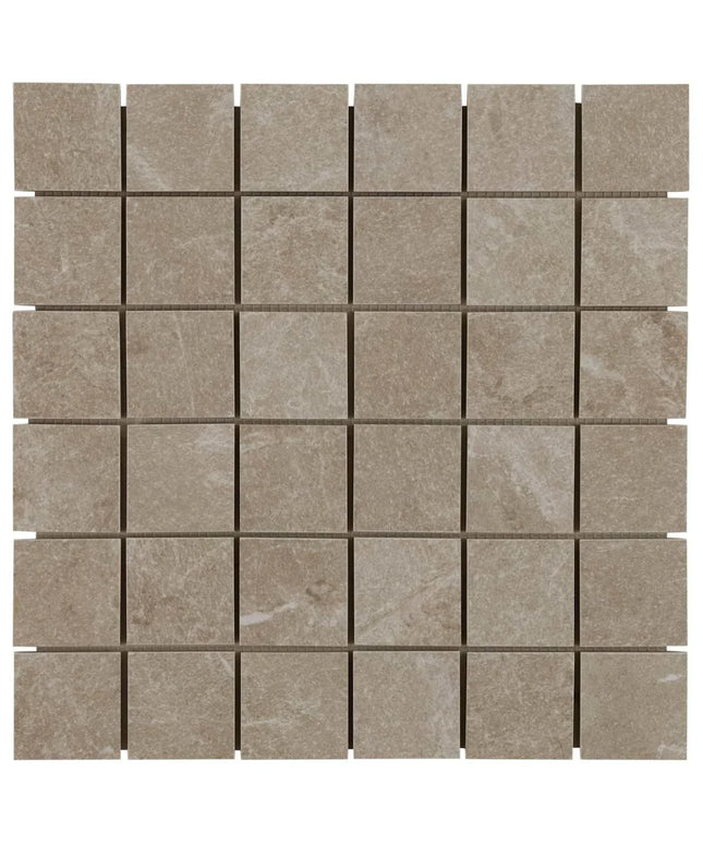 Greige 2x2 square mosaic tile sheet with natural stone texture for kitchen or bathroom