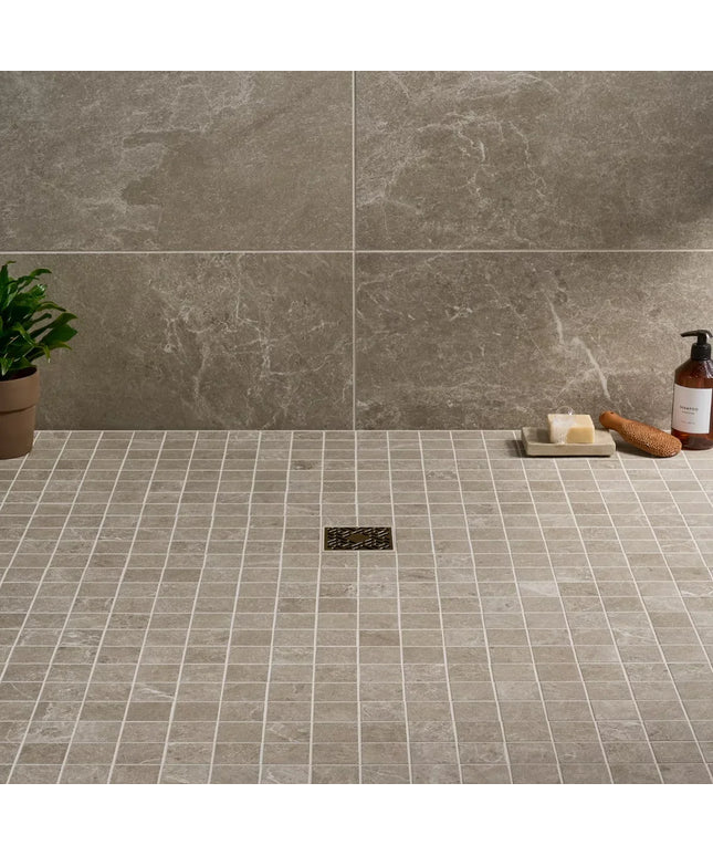 Greige 2x2 square mosaic shower floor tile with marble-look walls, modern bathroom decor