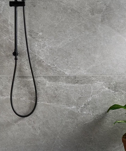 Black shower head and hose against a gray tiled wall with a plant in the corner.