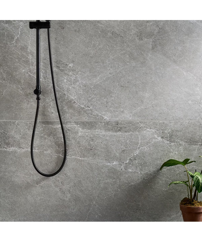 Black shower head and hose against a gray tiled wall with a plant in the corner.