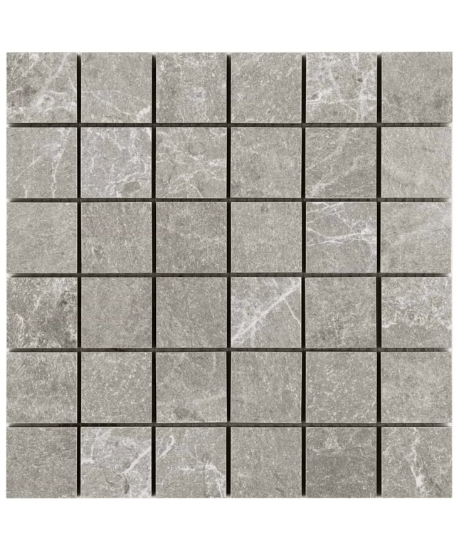 Gray marble-look square mosaic tile sheet with subtle veining, ideal for backsplash or flooring
