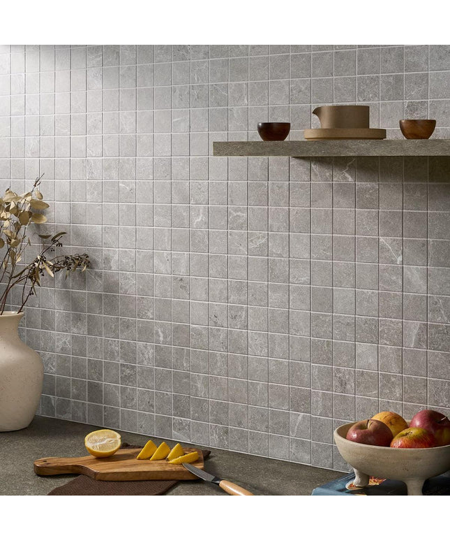 Gray marble mosaic tile backsplash for kitchen or bathroom, modern square design