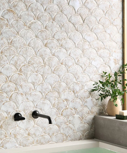 Bathroom with fishscale-patterned tile wall and black fixtures