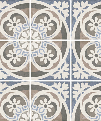 Decorative tiles with floral patterns in blue, gray, and white.