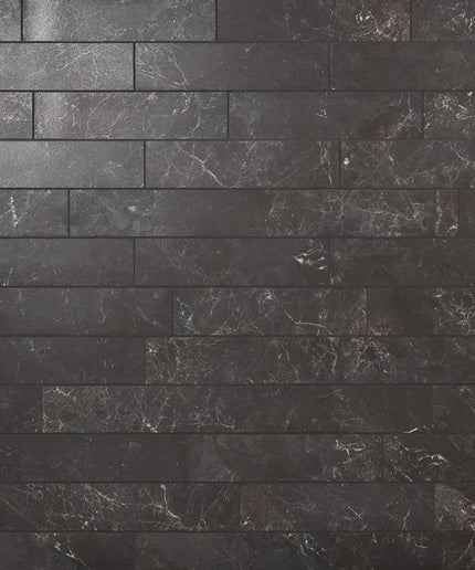 Black marble subway wall tiles with semi-polished finish and subtle white veining