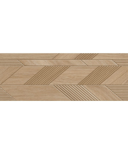Rectangular dark oak ceramic tile 12x36 with geometric wood grain pattern