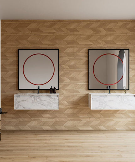 Modern bathroom with dark oak ceramic tile walls, marble vanities, and geometric design.