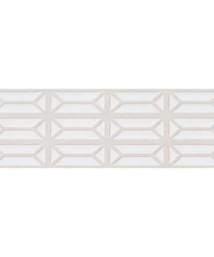 Ivory bevel ceramic tile 12x36 with geometric textured pattern, suitable for walls or backsplash
