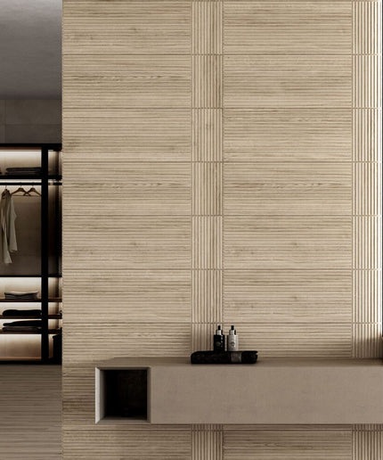 Light oak linear ceramic wall tiles in a modern bathroom with textured finish