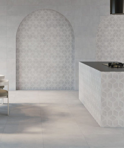 Modern kitchen with moon concave ceramic wall tiles in a geometric 3D pattern, light gray tone.