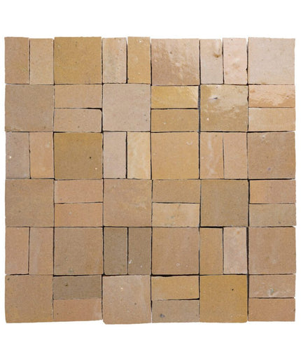 Nomad sand crosshatch zellige tiles in a warm beige, square and rectangular mosaic pattern