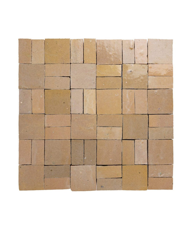 Nomad sand crosshatch zellige tiles in a warm beige, square and rectangular mosaic pattern