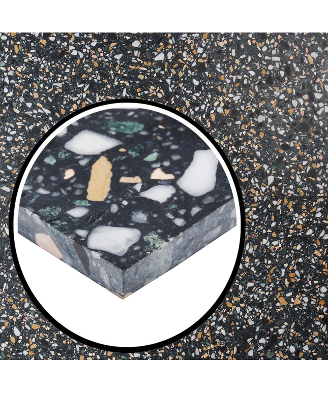 Close-up of a speckled surface with a circular inset showing a block of the material.