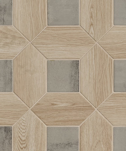 Hexagonal tiles with a wood-like texture in neutral colors
