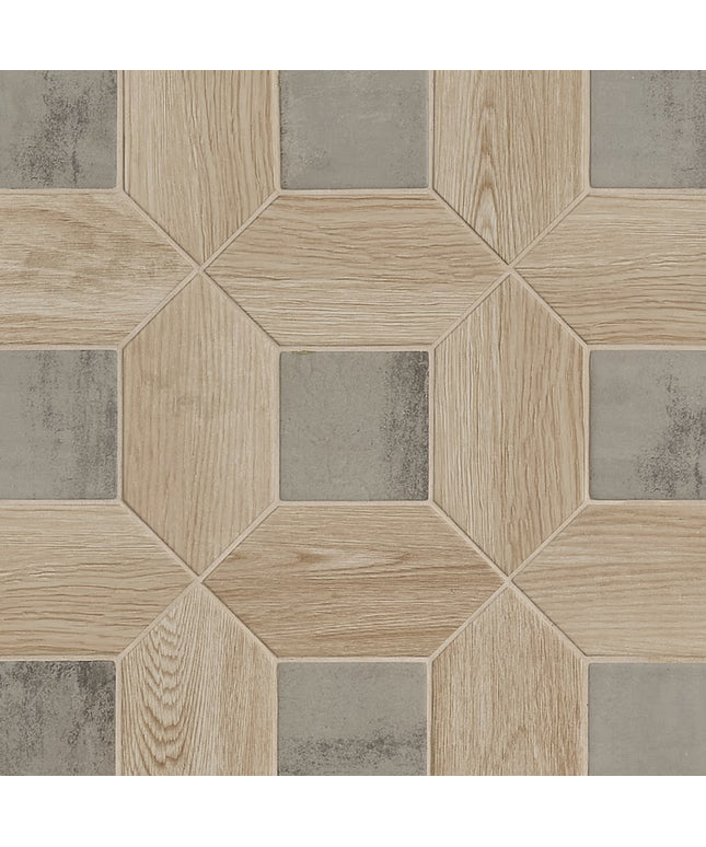 Hexagonal tiles with a wood-like texture in neutral colors