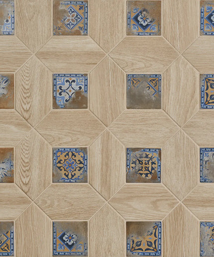 Hexagonal tiles with a geometric pattern on a wooden floor