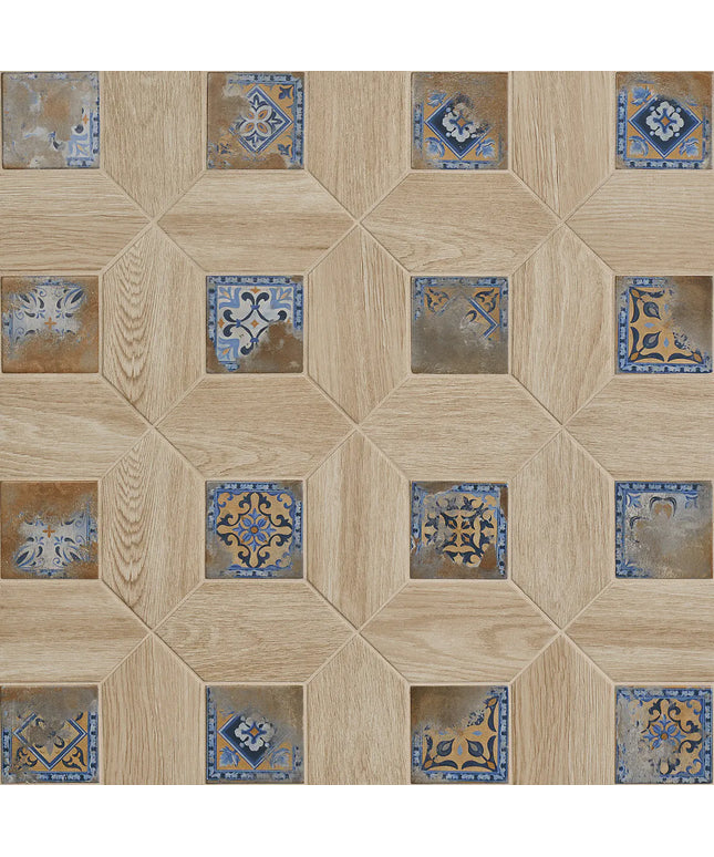 Hexagonal tiles with a geometric pattern on a wooden floor