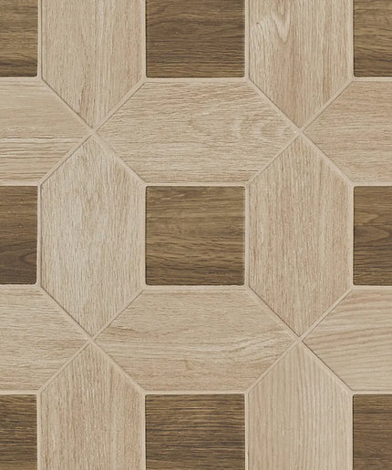 Hexagonal wood-patterned tiles in a geometric arrangement
