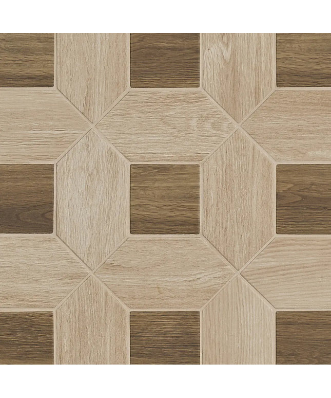 Hexagonal wood-patterned tiles in a geometric arrangement