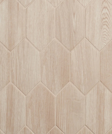 Hexagonal tile pattern with a neutral wood tone