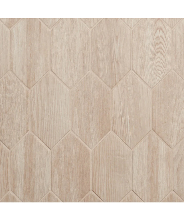 Hexagonal tile pattern with a neutral wood tone