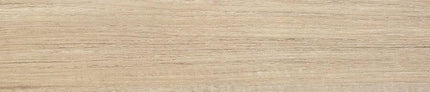 Oak wood-look porcelain strip tile with light beige and brown grain pattern