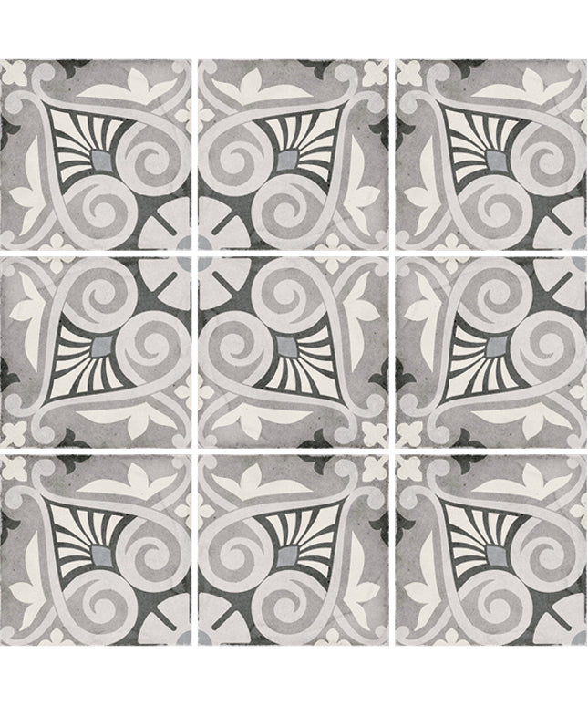 Set of decorative tiles with geometric patterns in gray and white.