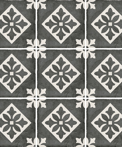 Patterned tiles with geometric design on a gray background