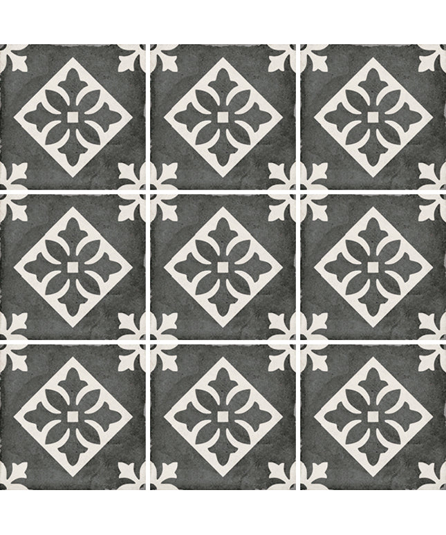 Patterned tiles with geometric design on a gray background