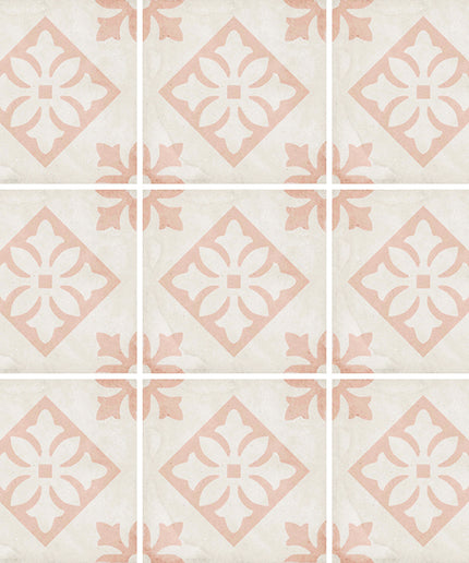 Patterned tiles with a geometric design on a light background