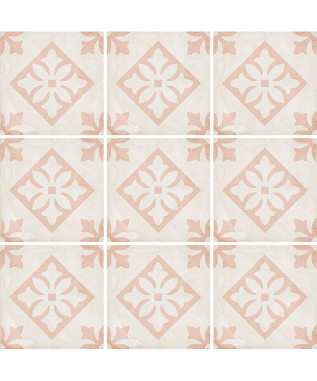 Patterned tiles with a geometric design on a light background
