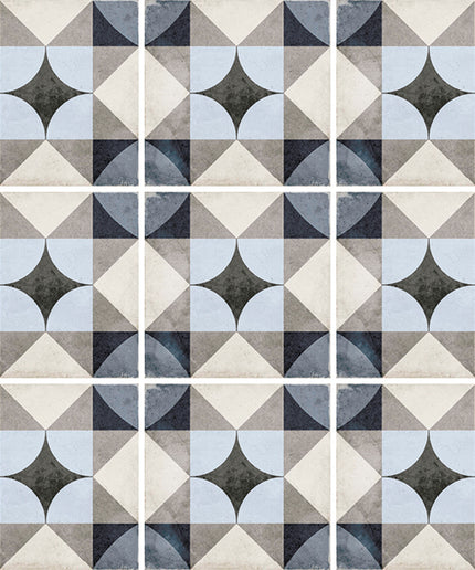 Geometric patterned tiles in blue, gray, and beige.