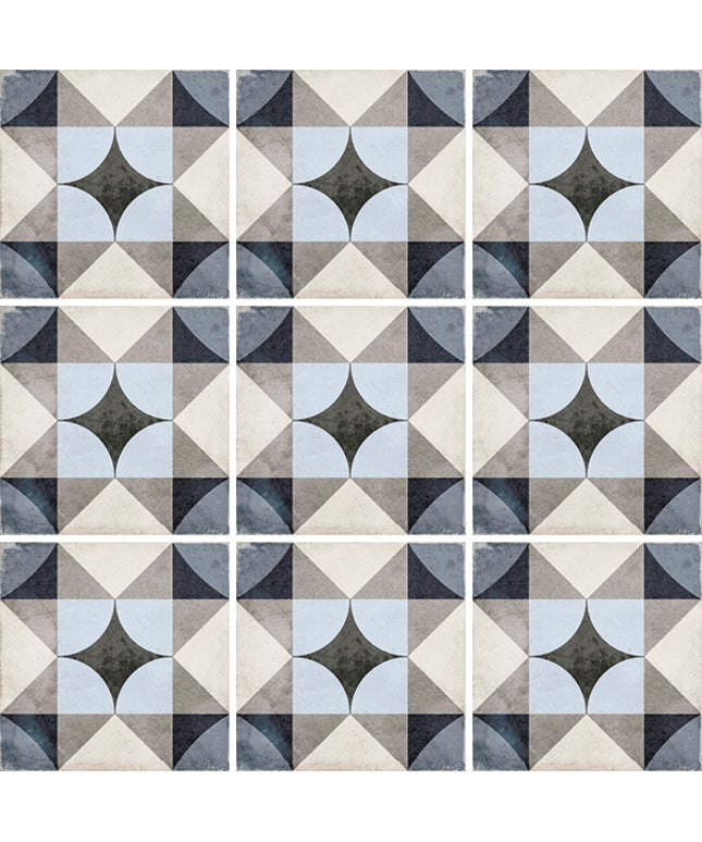Geometric patterned tiles in blue, gray, and beige.
