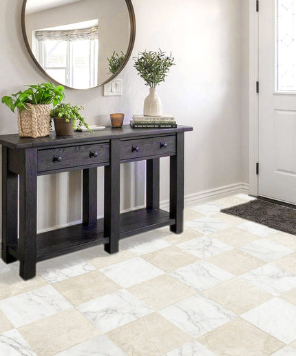 Parisian chequer creme 12x12 floor tiles in a modern entryway with console table
