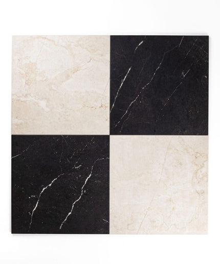 12x12 black and cream checkered marble tile with natural veining pattern