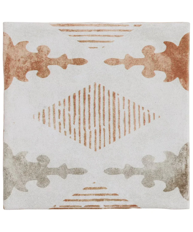 Decorative tile with abstract patterns in brown and beige on a white background