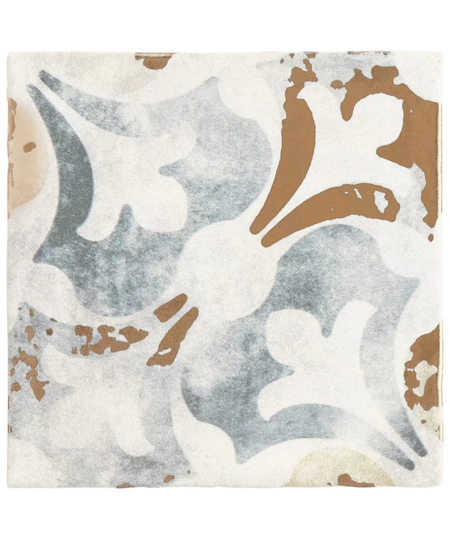 Decorative tile with abstract pattern in brown, gray, and white on a beige background