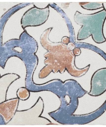 Decorative tile with floral pattern in blue, green, and brown on a white background