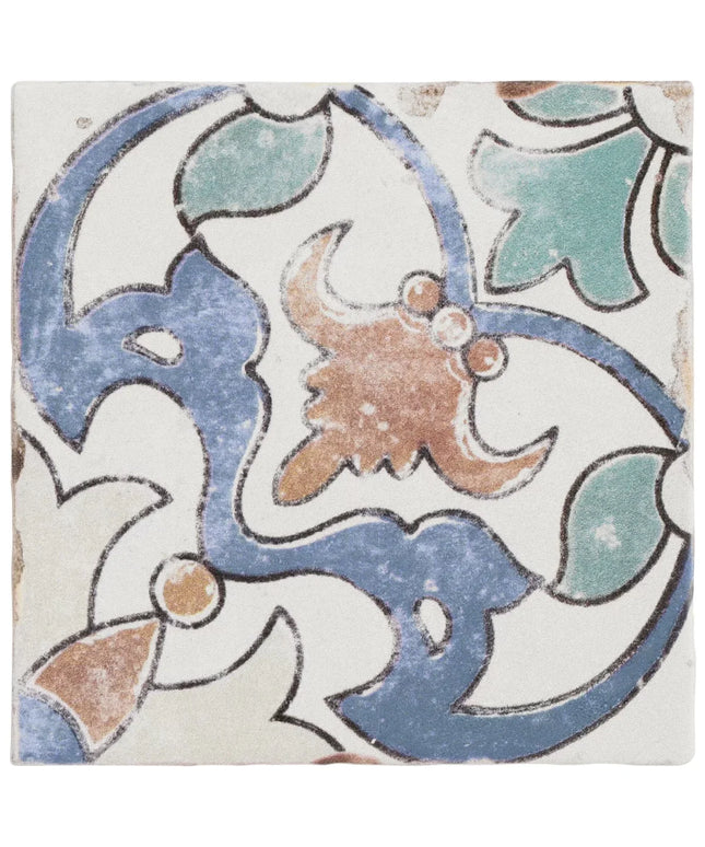 Decorative tile with floral pattern in blue, green, and brown on a white background