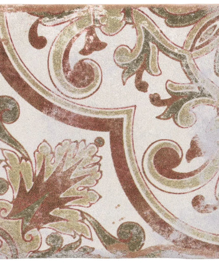 Decorative tile with intricate floral and scroll design in brown and green on a beige background