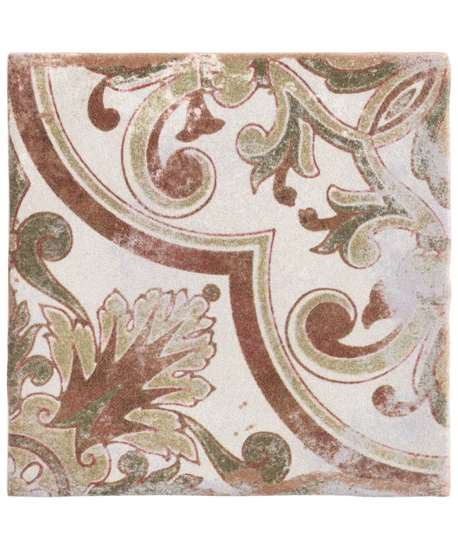 Decorative tile with intricate floral and scroll design in brown and green on a beige background