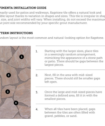 Pavimento installation guide for flagstone tile with pattern instructions and a visual example.