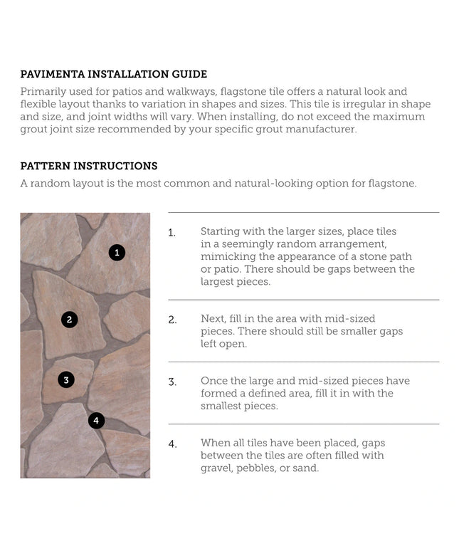 Pavimento installation guide for flagstone tile with pattern instructions and a visual example.