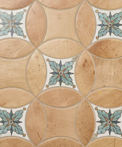 Patterned tiles with brown and blue decorative elements