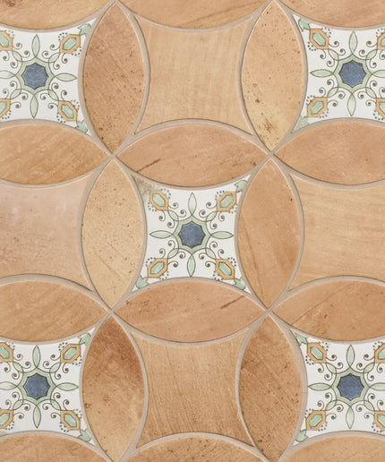 Patterned tiles with geometric designs on a wooden floor