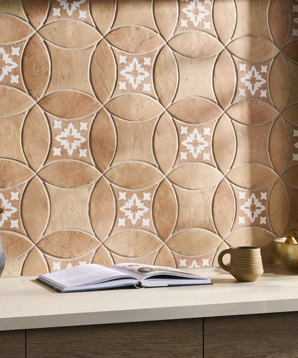 Decorative tile pattern with a bench and items on it