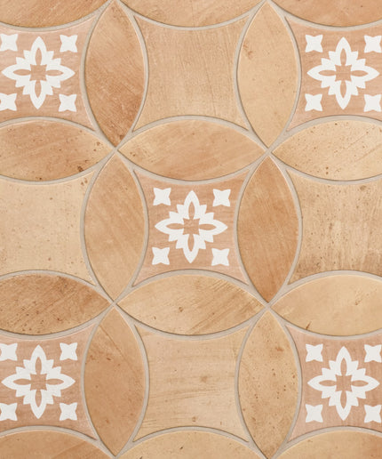 Patterned tiles with geometric designs on a beige background