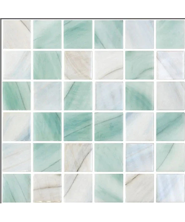 Glossy green and white mosaic glass tile sheet, ideal for kitchen backsplash or bathroom decor