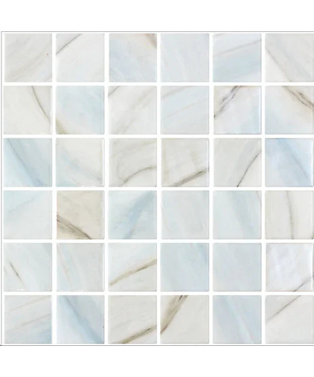Glossy mosaic tile sheet with white and light blue marbled square tiles, ideal for backsplash or bathroom.
